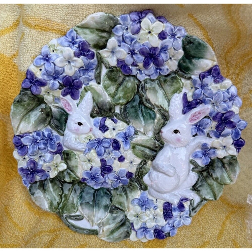 Decorative White Bunny Rabbits/ Purple Hydrangea 10" Porcelain 3D Embossed Plate
